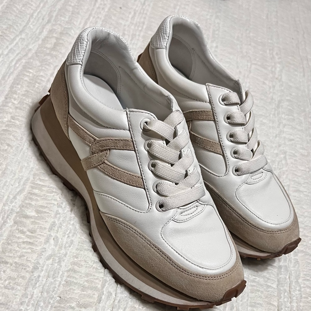 Veronica Beard White and Tan Retro Sneakers